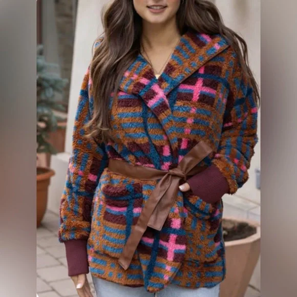 Fleece Jewel Plaid Wrap Jacket | Multi Fleece Plaid Wrap Jacket L/XL - Picture 8 of 12